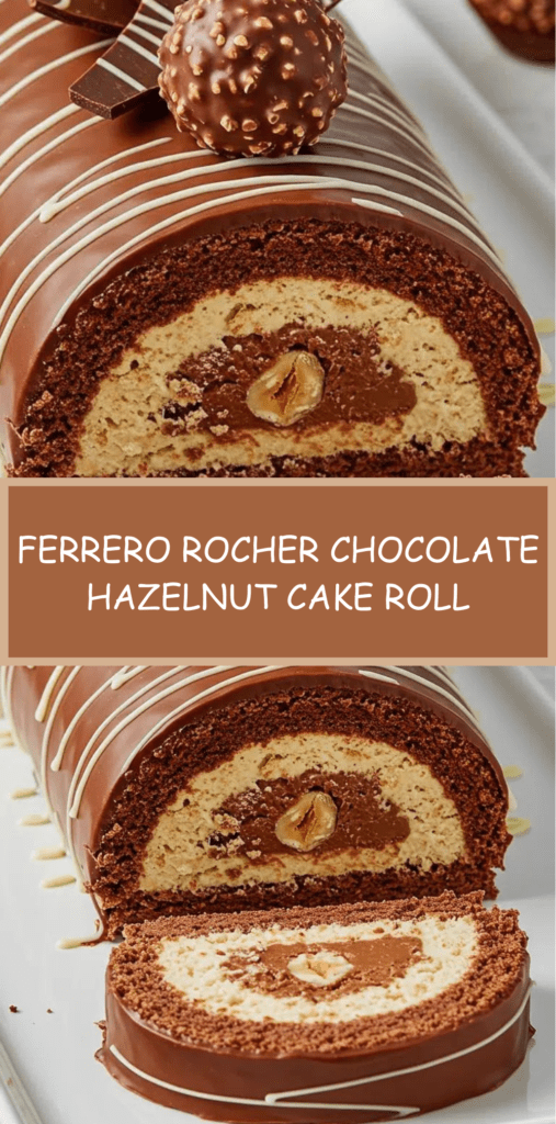 Ferrero Rocher chocolate hazelnut cake roll with cocoa sponge, Nutella cream filling, chocolate ganache and hazelnut decoration.
