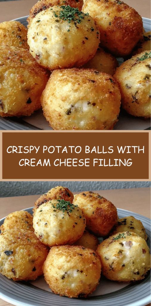 Golden crispy potato balls filled with cream cheese, freshly fried and served hot with a crunchy breadcrumb coating.