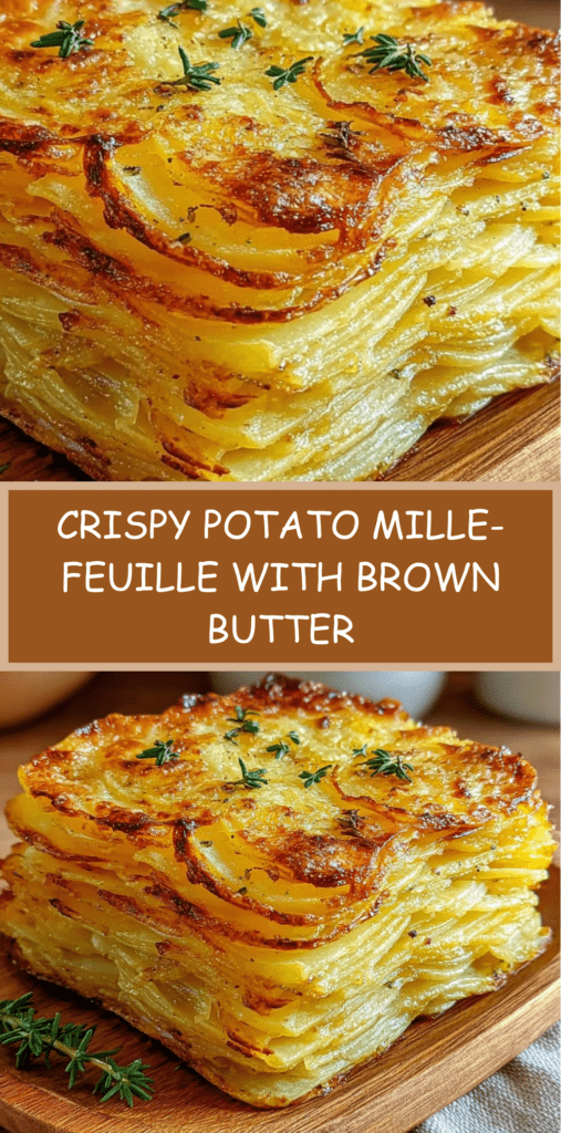 Crispy potato mille-feuille layered with thin potato slices, brown butter and thyme, baked until golden and perfectly crisp.