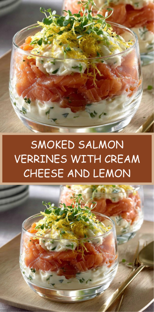 Smoked salmon verrines layered with cream cheese, preserved lemon zest and fresh microgreens served in clear glasses.