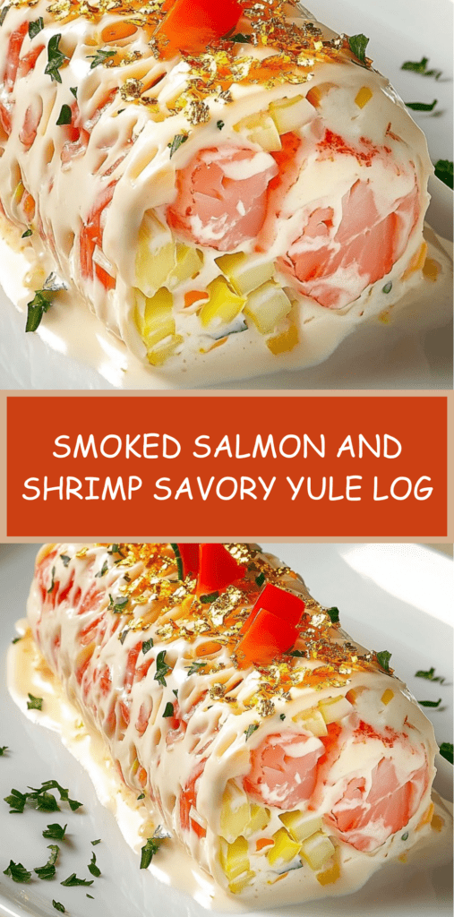 Savory yule log made of smoked salmon filled with shrimp, cream cheese, cucumber and herbs, decorated for a festive presentation.