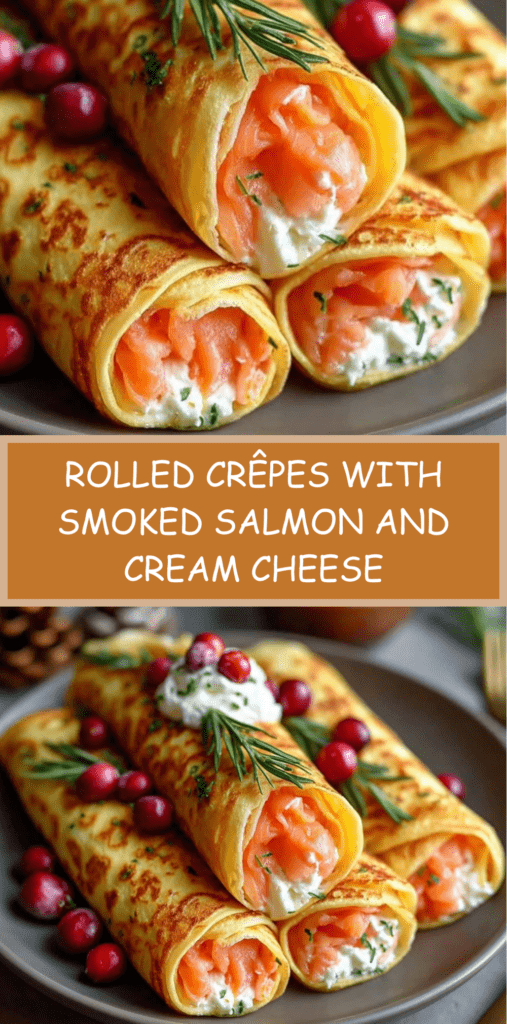 Rolled crêpes filled with smoked salmon and cream cheese, garnished with fresh dill and cranberries, served neatly on a plate.