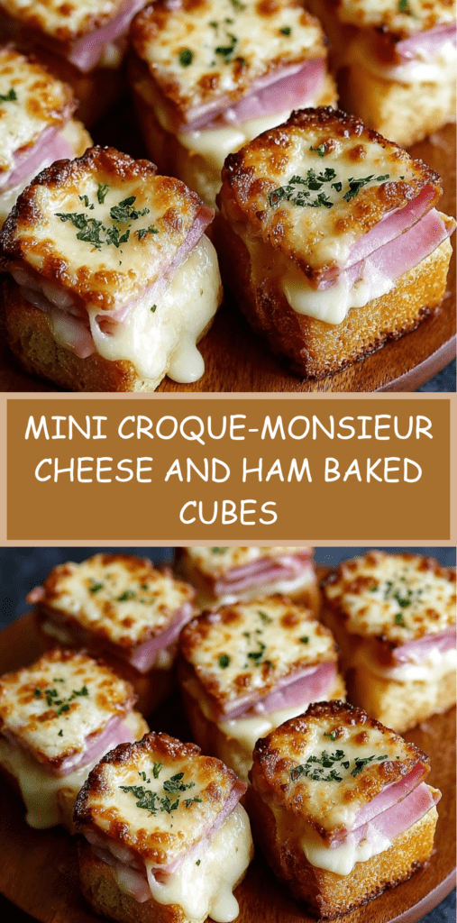 Small golden mini Croque-Monsieur cubes made from layered bread, ham and melted cheese, topped with gratin cheese and parsley on a baking tray.