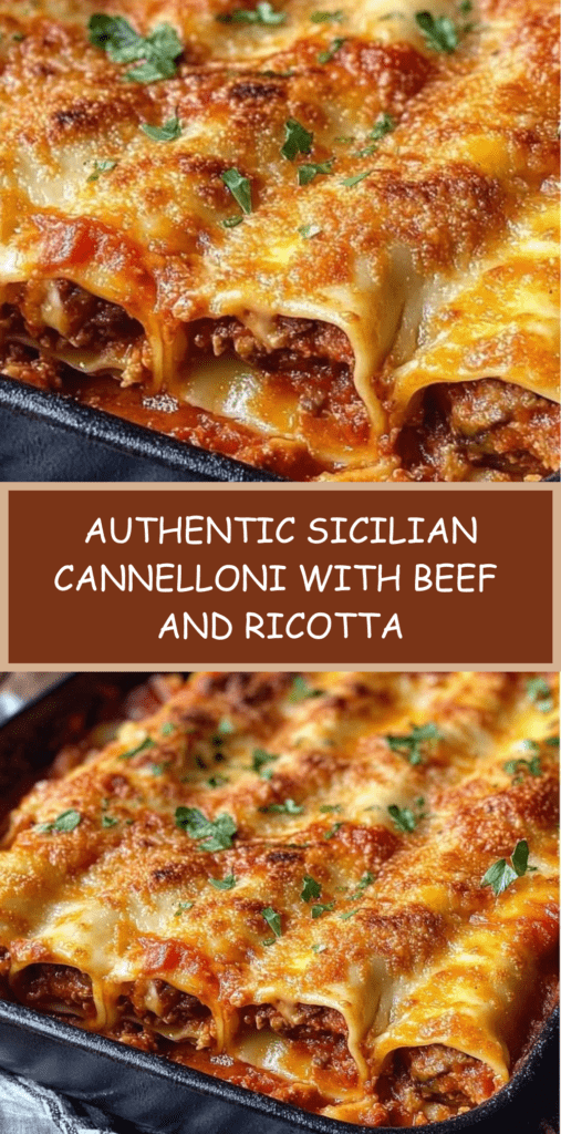 Baked Sicilian-style cannelloni filled with beef, ricotta and herbs, topped with melted mozzarella and Parmesan in a rich tomato sauce.