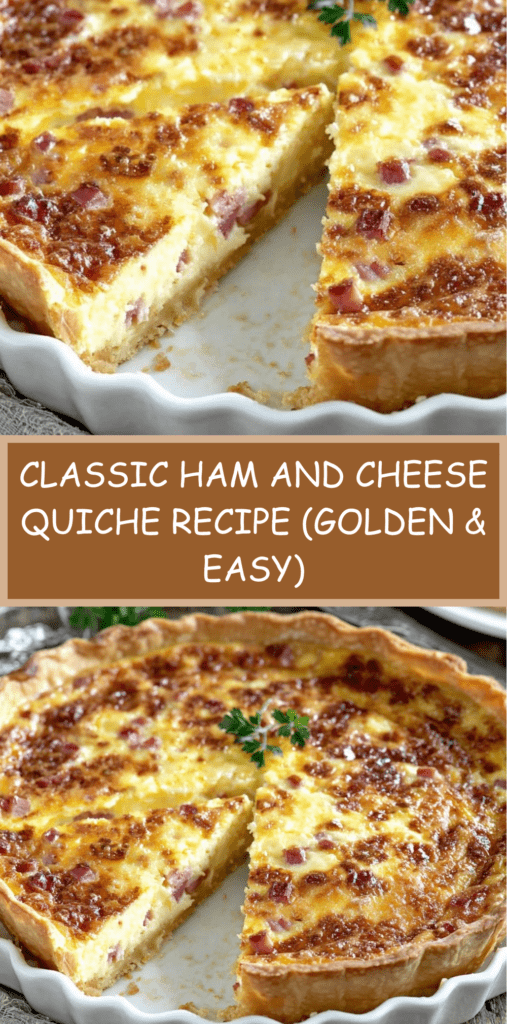 A golden baked classic ham and cheese quiche in a tart tin with a flaky shortcrust pastry, creamy egg custard and melted cheese slices on top.