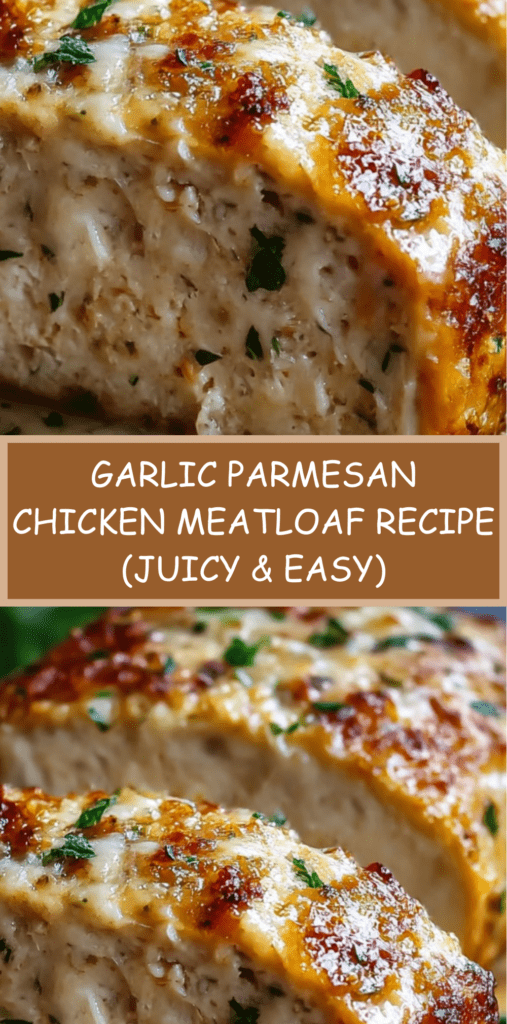 Sliced garlic Parmesan chicken meatloaf topped with melted cheese, showing a juicy and tender texture with herbs and golden crust.