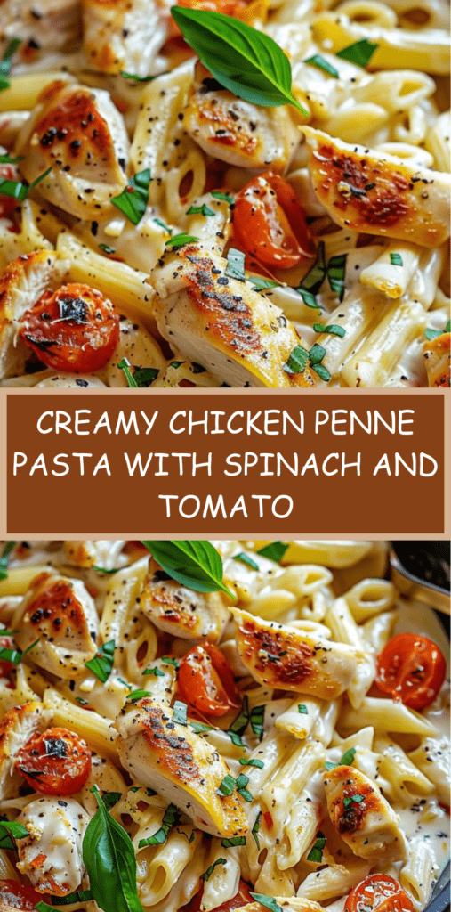 Creamy chicken penne pasta mixed with spinach, cherry tomatoes and Parmesan in a skillet, garnished with fresh basil and parsley.