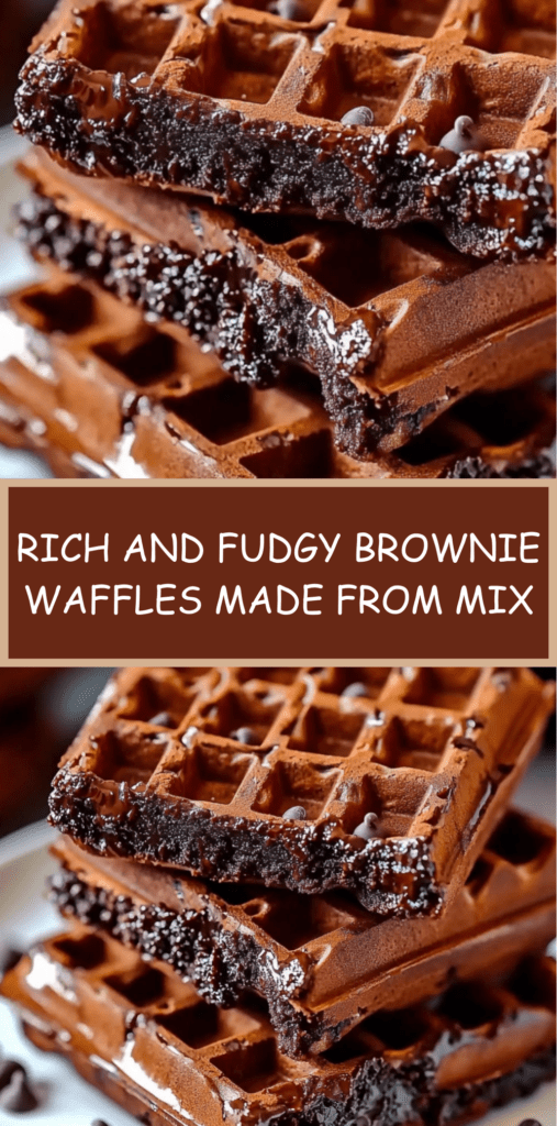 Close-up of rich chocolate brownie waffles stacked on a plate and topped with chocolate chips and powdered sugar.