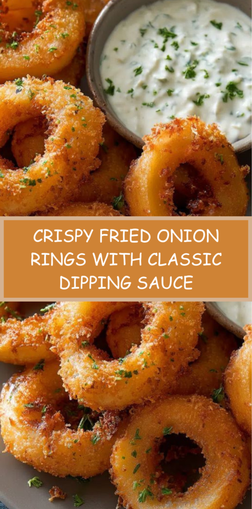 Golden crispy fried onion rings stacked on a plate beside a bowl of creamy dipping sauce with paprika and herbs.