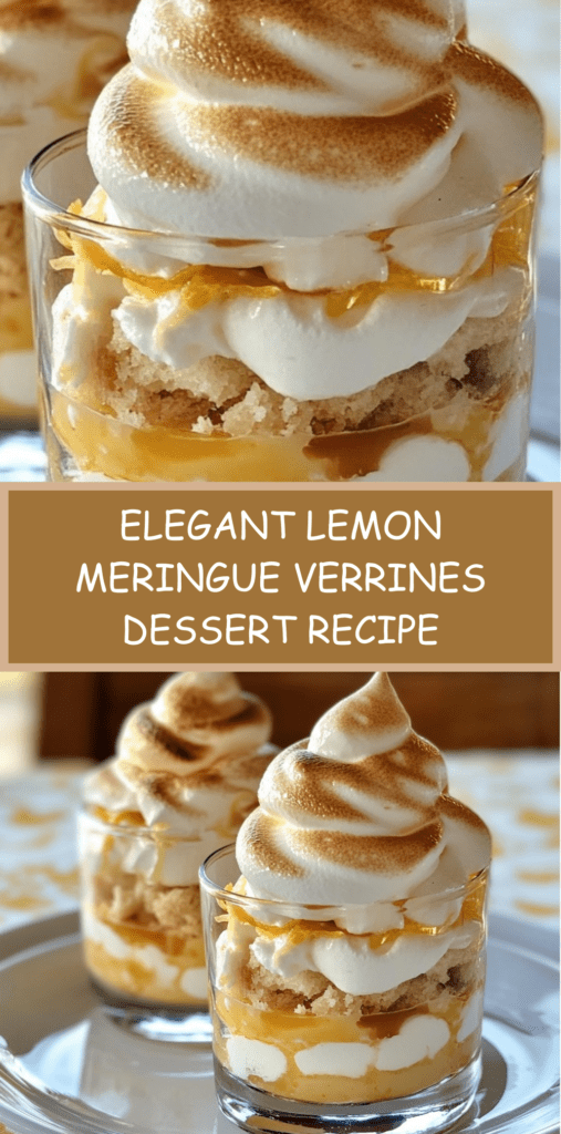Glass lemon meringue verrines filled with layered lemon cream and crumbled biscuits, topped with piped golden-brown meringue.