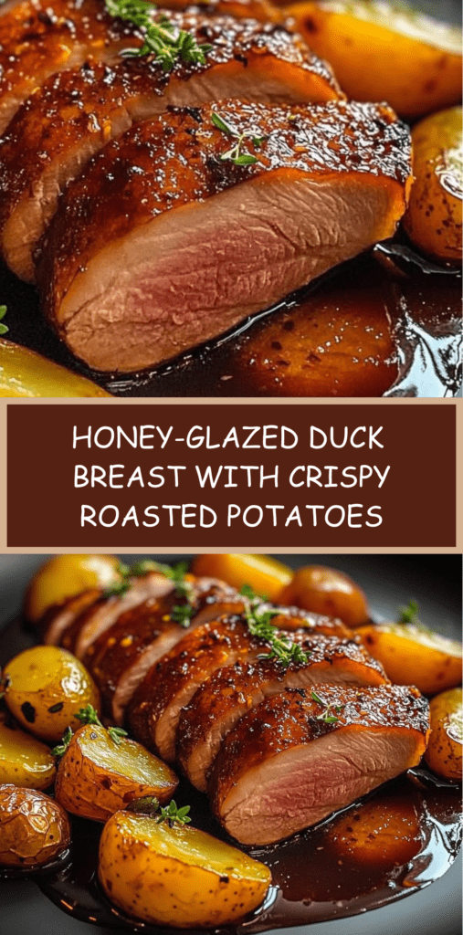 Sliced honey-glazed duck breast served with golden roasted baby potatoes, drizzled with caramelized sauce on a white plate.
