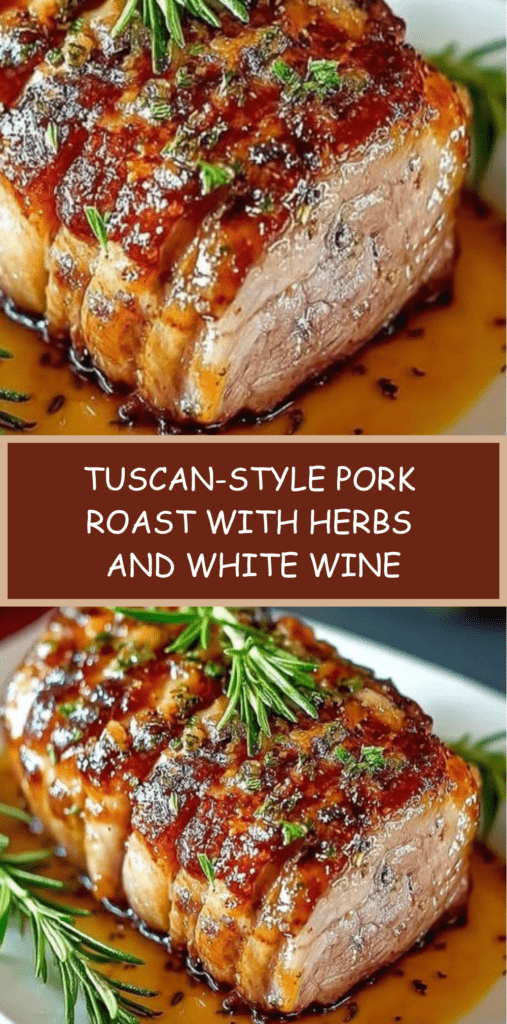 Sliced Tuscan-style pork roast with golden crust, fresh herbs and pan juices served in a rustic dish.