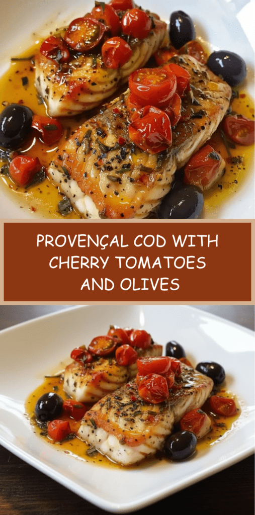 Baked Provençal cod fillets topped with cherry tomatoes, black olives, garlic and Herbes de Provence in a rustic oven dish.