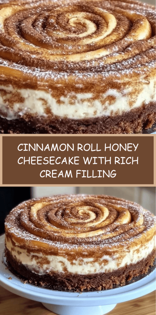 A rich cinnamon roll honey cheesecake topped with golden cinnamon roll pieces and glossy honey syrup on a round serving plate.
