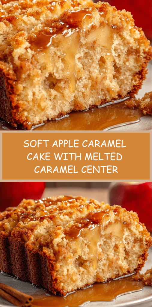 A soft apple cake sliced open to reveal tender apple pieces and a caramel swirl, topped with extra liquid caramel.