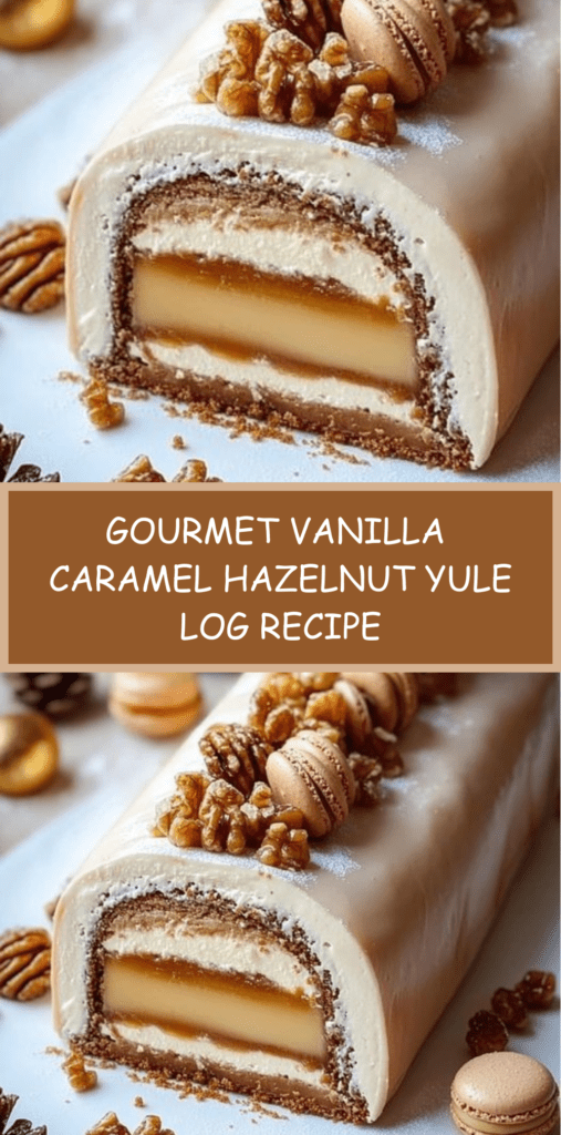 A festive and gourmet vanilla Yule log covered in mascarpone cream, decorated with macarons, nuts and icing sugar, with a swirl of caramel filling visible inside.