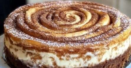 A rich cinnamon roll honey cheesecake topped with golden cinnamon roll pieces and glossy honey syrup on a round serving plate.