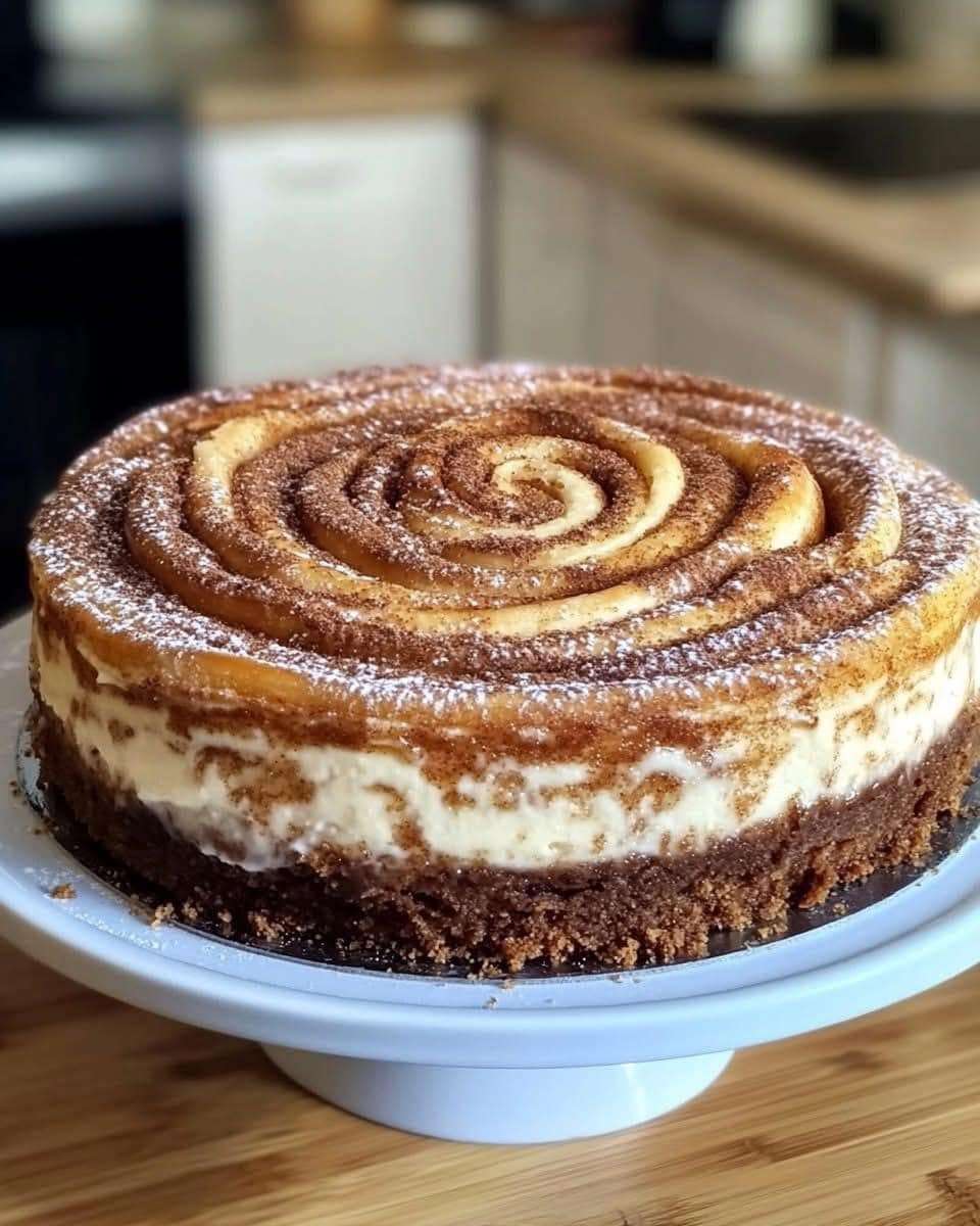 A rich cinnamon roll honey cheesecake topped with golden cinnamon roll pieces and glossy honey syrup on a round serving plate.