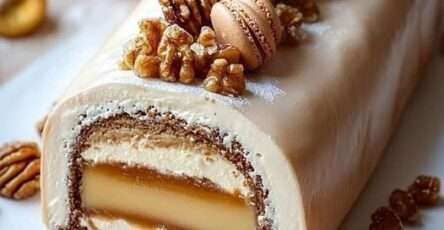 A festive and gourmet vanilla Yule log covered in mascarpone cream, decorated with macarons, nuts and icing sugar, with a swirl of caramel filling visible inside.