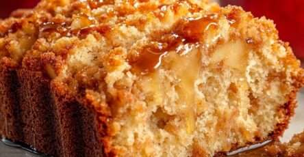 A soft apple cake sliced open to reveal tender apple pieces and a caramel swirl, topped with extra liquid caramel.