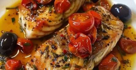 Baked Provençal cod fillets topped with cherry tomatoes, black olives, garlic and Herbes de Provence in a rustic oven dish.