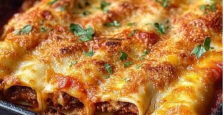 Baked Sicilian-style cannelloni filled with beef, ricotta and herbs, topped with melted mozzarella and Parmesan in a rich tomato sauce.