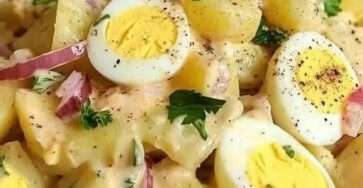 A bowl of creamy potato salad mixed with sliced potatoes, hard-boiled eggs, tomato, red onion and parsley, drizzled with homemade mayonnaise dressing.