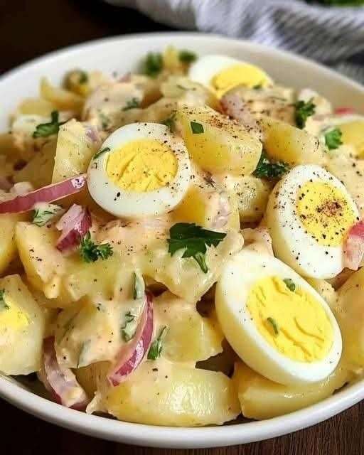A bowl of creamy potato salad mixed with sliced potatoes, hard-boiled eggs, tomato, red onion and parsley, drizzled with homemade mayonnaise dressing.