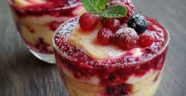 A glass jar filled with layers of light yogurt cream, soaked ladyfinger biscuits and mixed red berries, topped with fresh fruit for a refreshing tiramisu.