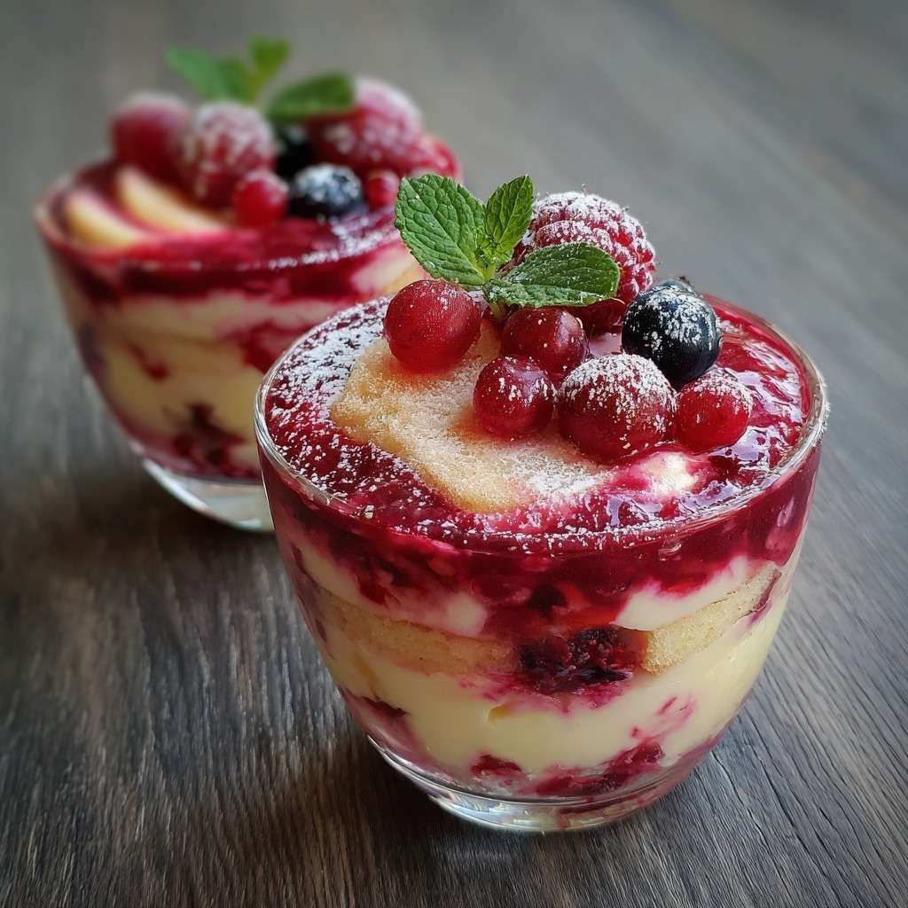 A glass jar filled with layers of light yogurt cream, soaked ladyfinger biscuits and mixed red berries, topped with fresh fruit for a refreshing tiramisu.