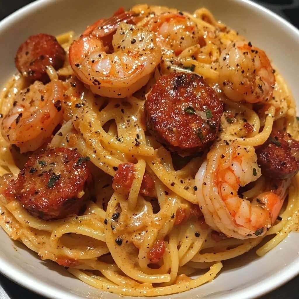 A close-up bowl of spaghetti coated in creamy bell pepper sauce with diced chorizo, sautéed shrimp, onions and garlic, served hot in a rustic plate.