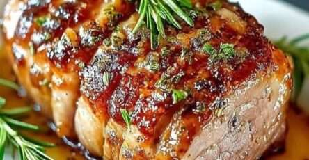 Sliced Tuscan-style pork roast with golden crust, fresh herbs and pan juices served in a rustic dish.