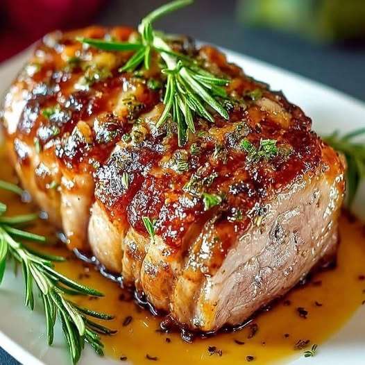 Sliced Tuscan-style pork roast with golden crust, fresh herbs and pan juices served in a rustic dish.