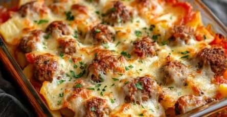 A slice of potato gratin layered with golden meatballs, creamy sauce and melted cheese served in a rustic baking dish.
