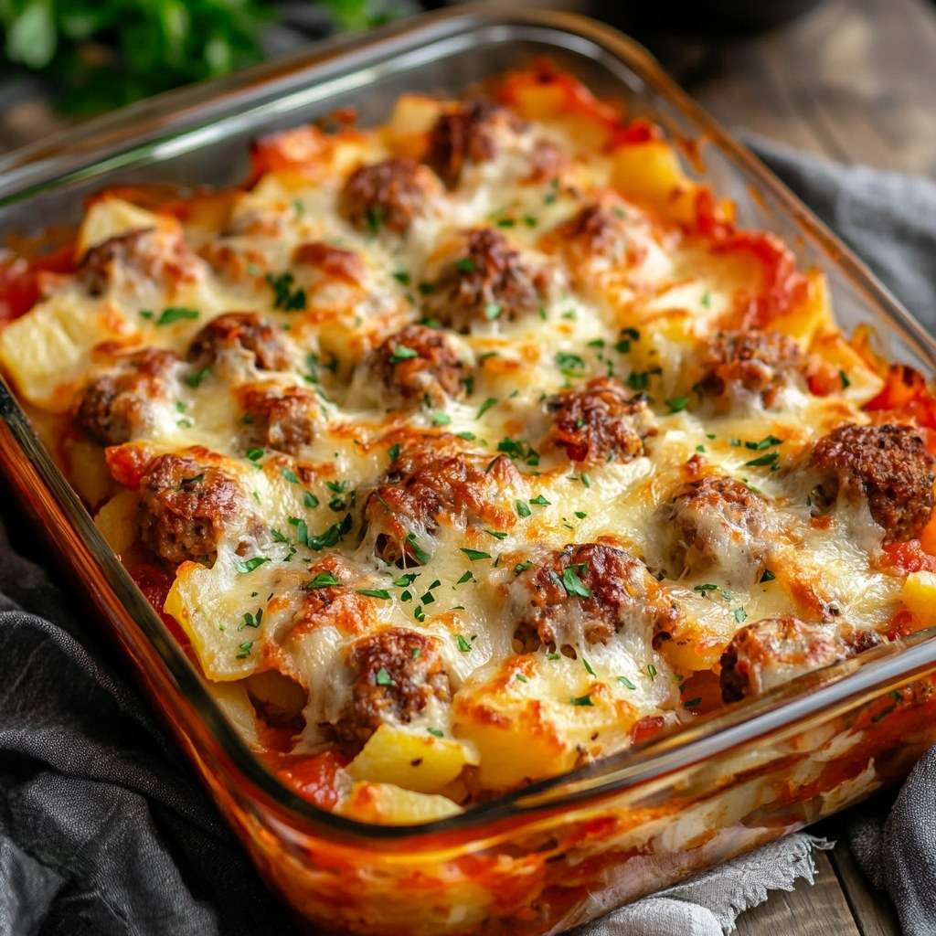 A slice of potato gratin layered with golden meatballs, creamy sauce and melted cheese served in a rustic baking dish.