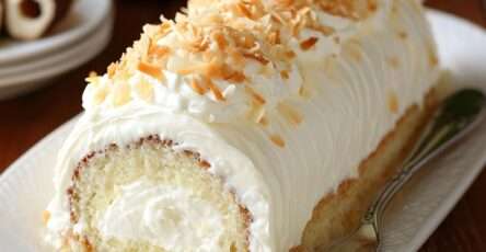 A coconut Swiss roll sliced to reveal creamy coconut pastry cream inside, dusted with shredded coconut and icing sugar.