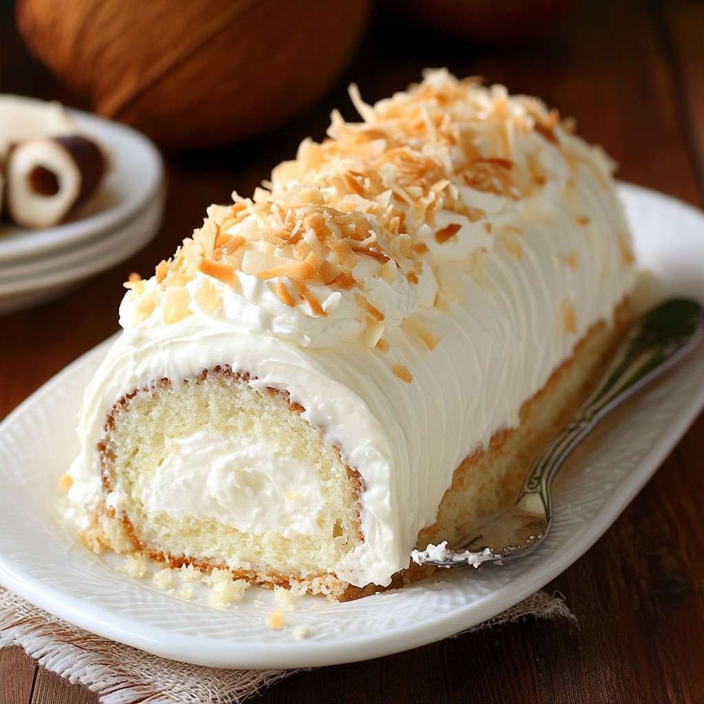 A coconut Swiss roll sliced to reveal creamy coconut pastry cream inside, dusted with shredded coconut and icing sugar.