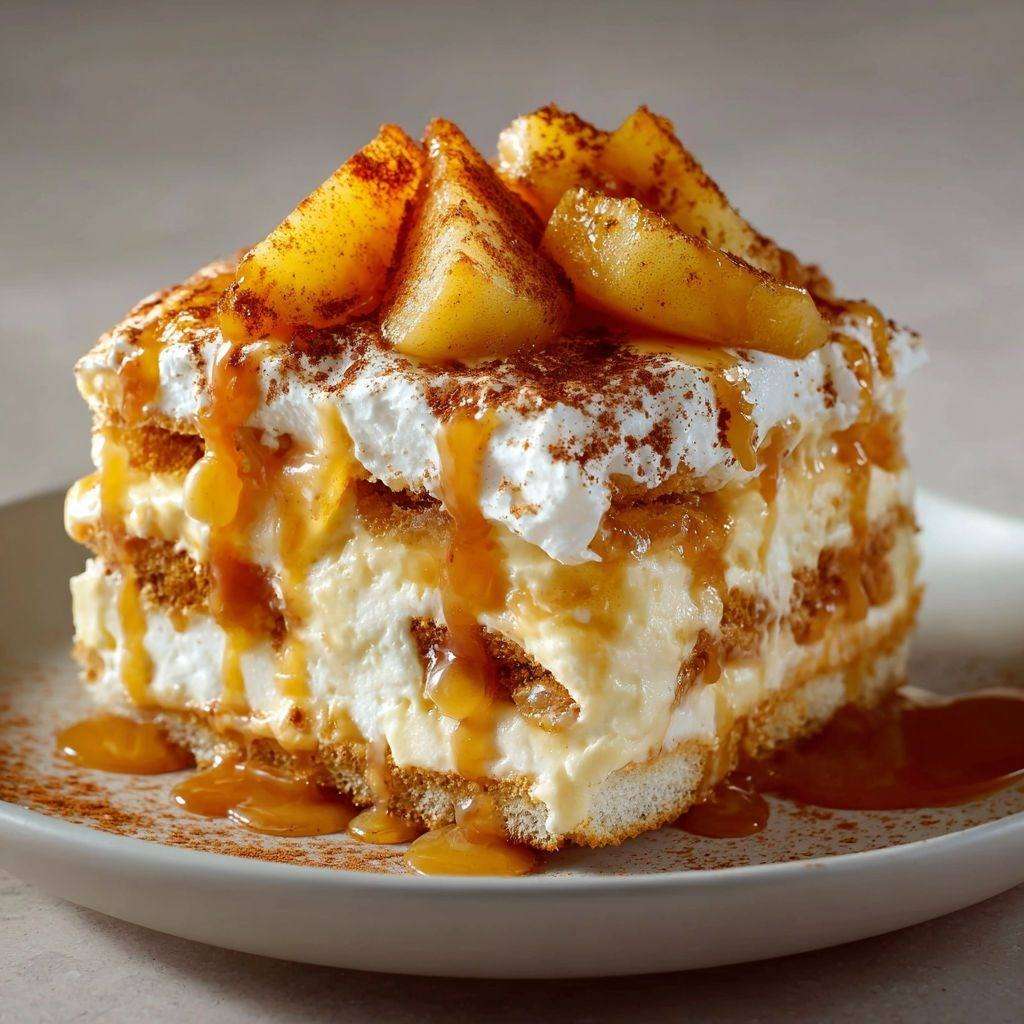 A glass dessert layered with caramelized apples, mascarpone cream and soaked ladyfingers, topped with salted butter caramel and cocoa powder.