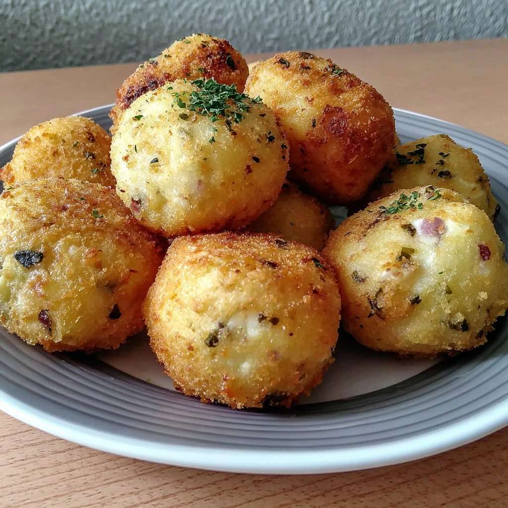 Golden crispy potato balls filled with cream cheese, freshly fried and served hot with a crunchy breadcrumb coating.