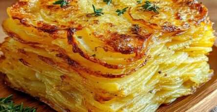 Crispy potato mille-feuille layered with thin potato slices, brown butter and thyme, baked until golden and perfectly crisp.