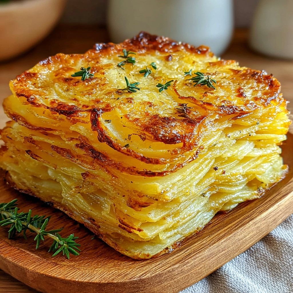 Crispy potato mille-feuille layered with thin potato slices, brown butter and thyme, baked until golden and perfectly crisp.