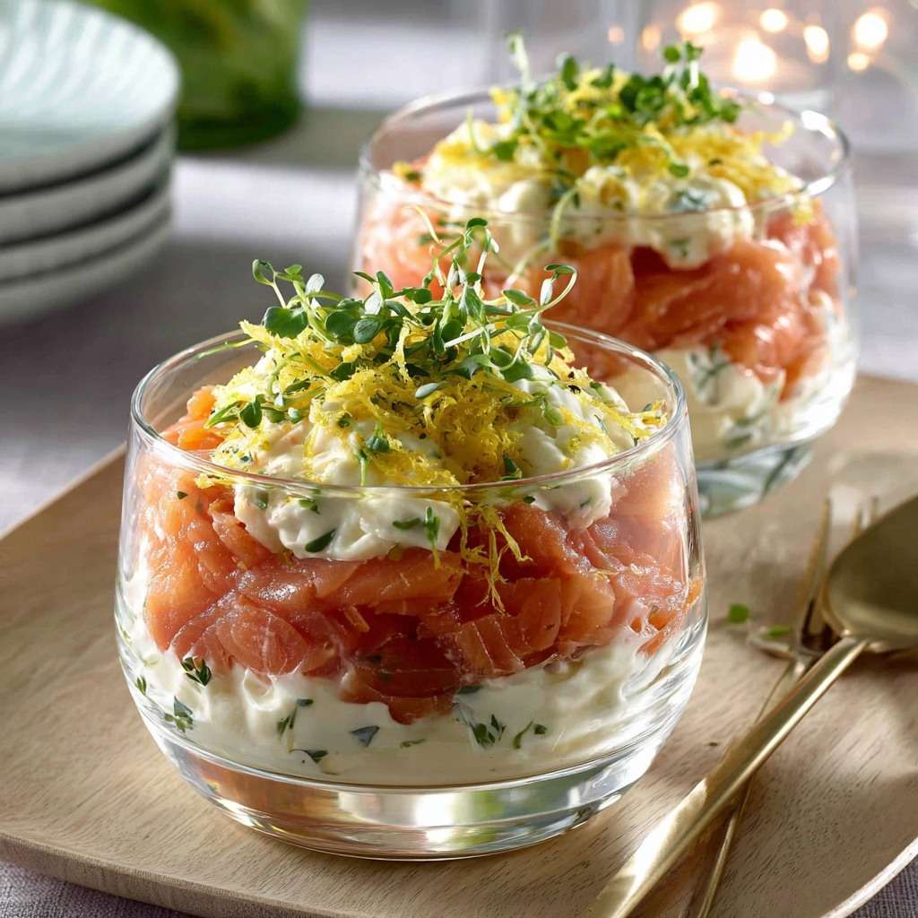 Smoked salmon verrines layered with cream cheese, preserved lemon zest and fresh microgreens served in clear glasses.