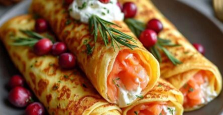 Rolled crêpes filled with smoked salmon and cream cheese, garnished with fresh dill and cranberries, served neatly on a plate.