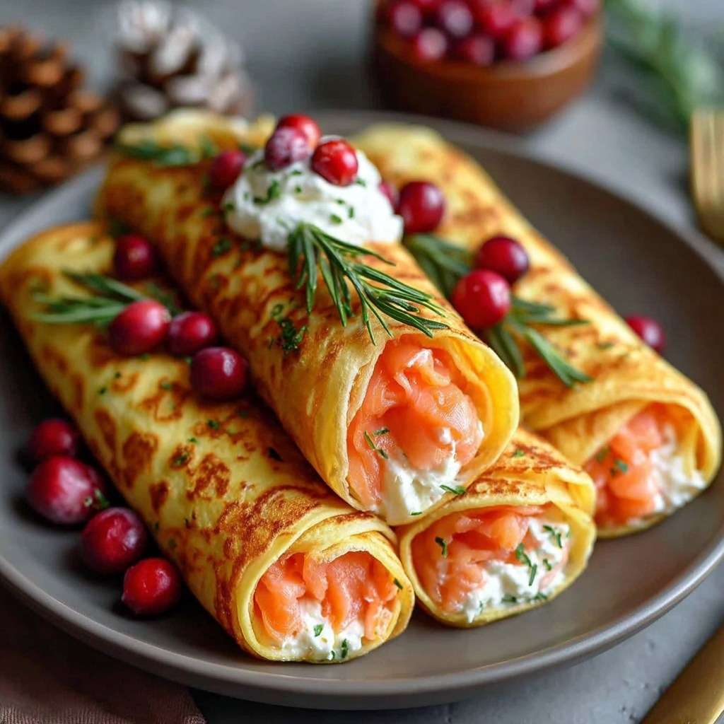 Rolled crêpes filled with smoked salmon and cream cheese, garnished with fresh dill and cranberries, served neatly on a plate.