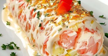 Savory yule log made of smoked salmon filled with shrimp, cream cheese, cucumber and herbs, decorated for a festive presentation.