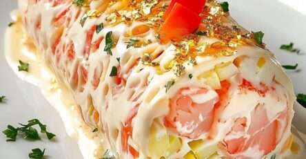 Savory yule log made of smoked salmon filled with shrimp, cream cheese, cucumber and herbs, decorated for a festive presentation.