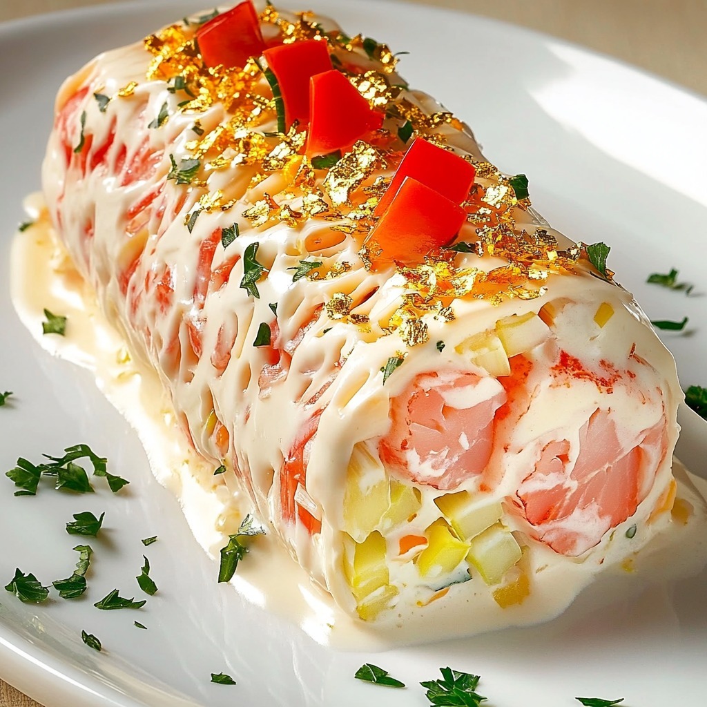 Savory yule log made of smoked salmon filled with shrimp, cream cheese, cucumber and herbs, decorated for a festive presentation.