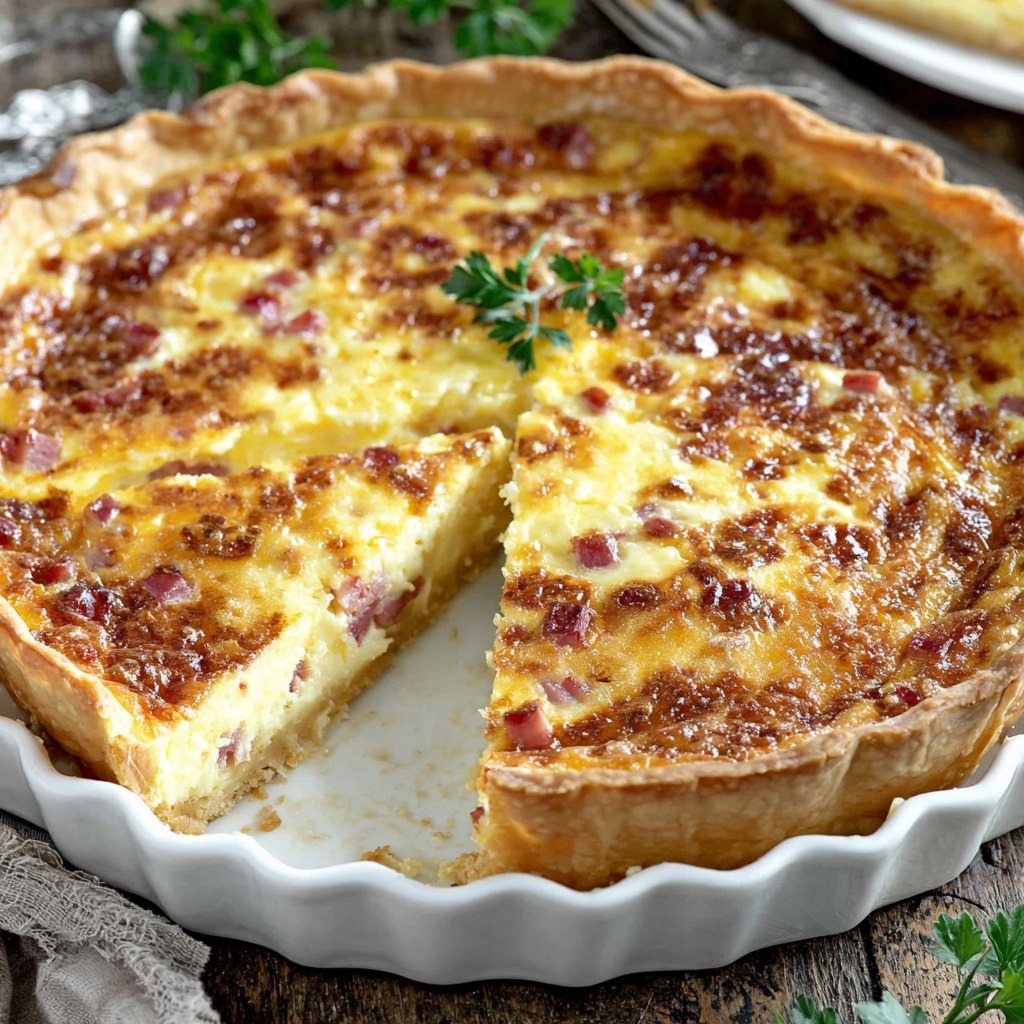 A golden baked classic ham and cheese quiche in a tart tin with a flaky shortcrust pastry, creamy egg custard and melted cheese slices on top.