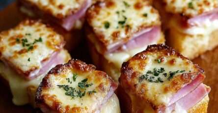 Small golden mini Croque-Monsieur cubes made from layered bread, ham and melted cheese, topped with gratin cheese and parsley on a baking tray.