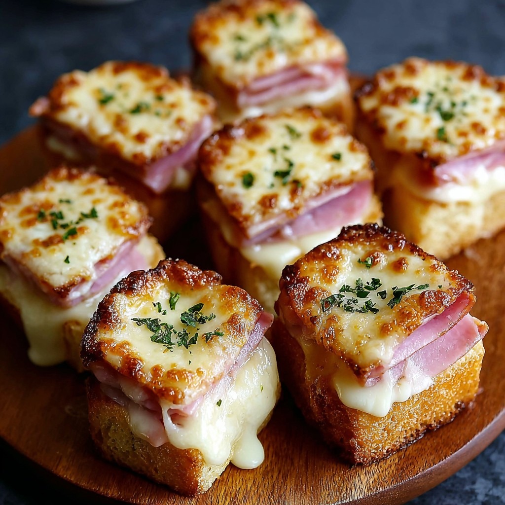 Small golden mini Croque-Monsieur cubes made from layered bread, ham and melted cheese, topped with gratin cheese and parsley on a baking tray.